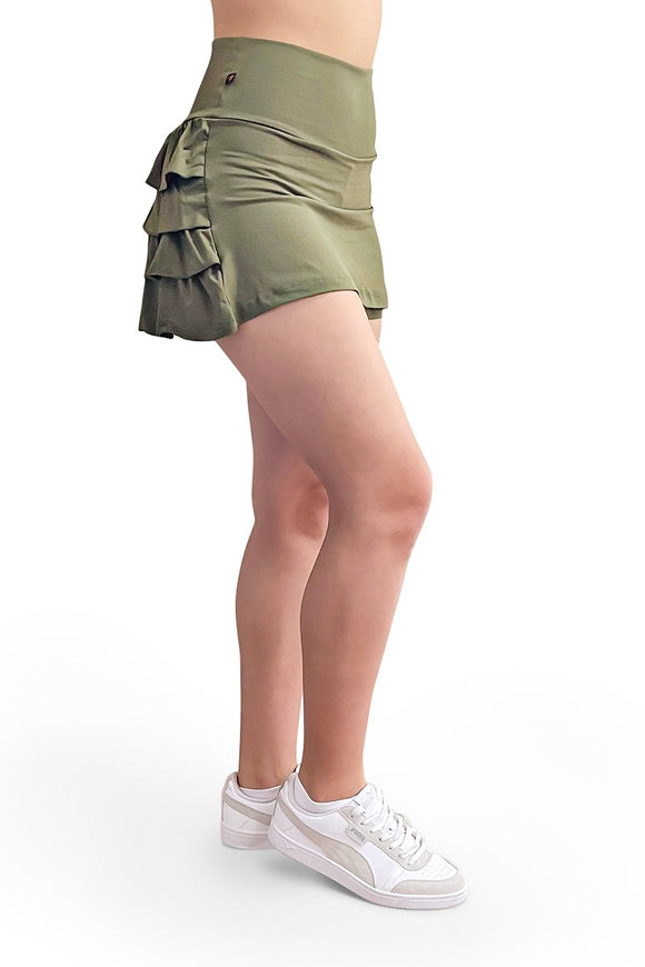 Short Saia Verde Militar com Babado